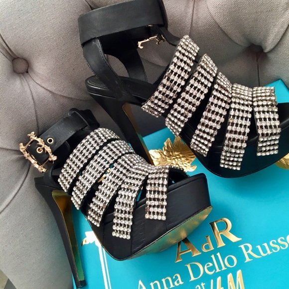 🩶 Anna Dello Russo H&M Black Crystal Heels Platform - Picture 7 of 11
